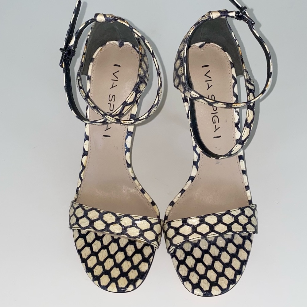 New Via Spiga ankle tie snakeskin leather heels